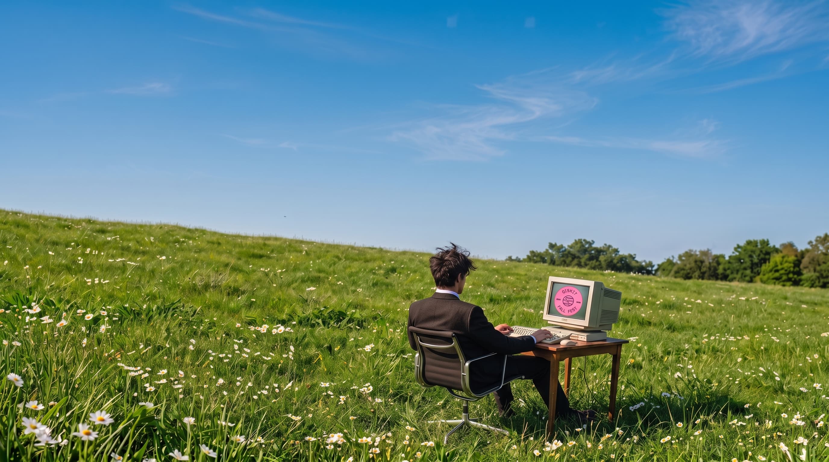 Persona trabajando en un ordenador retro en medio de un prado, con el logo de Qiskit Fall Fest en la pantalla